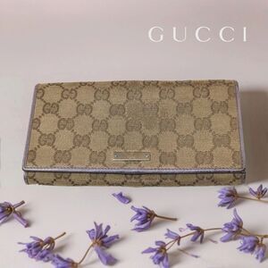 Gucci (Authentic) GG Monogram Canvas & Purple Leather Accent Long Vintage Wallet